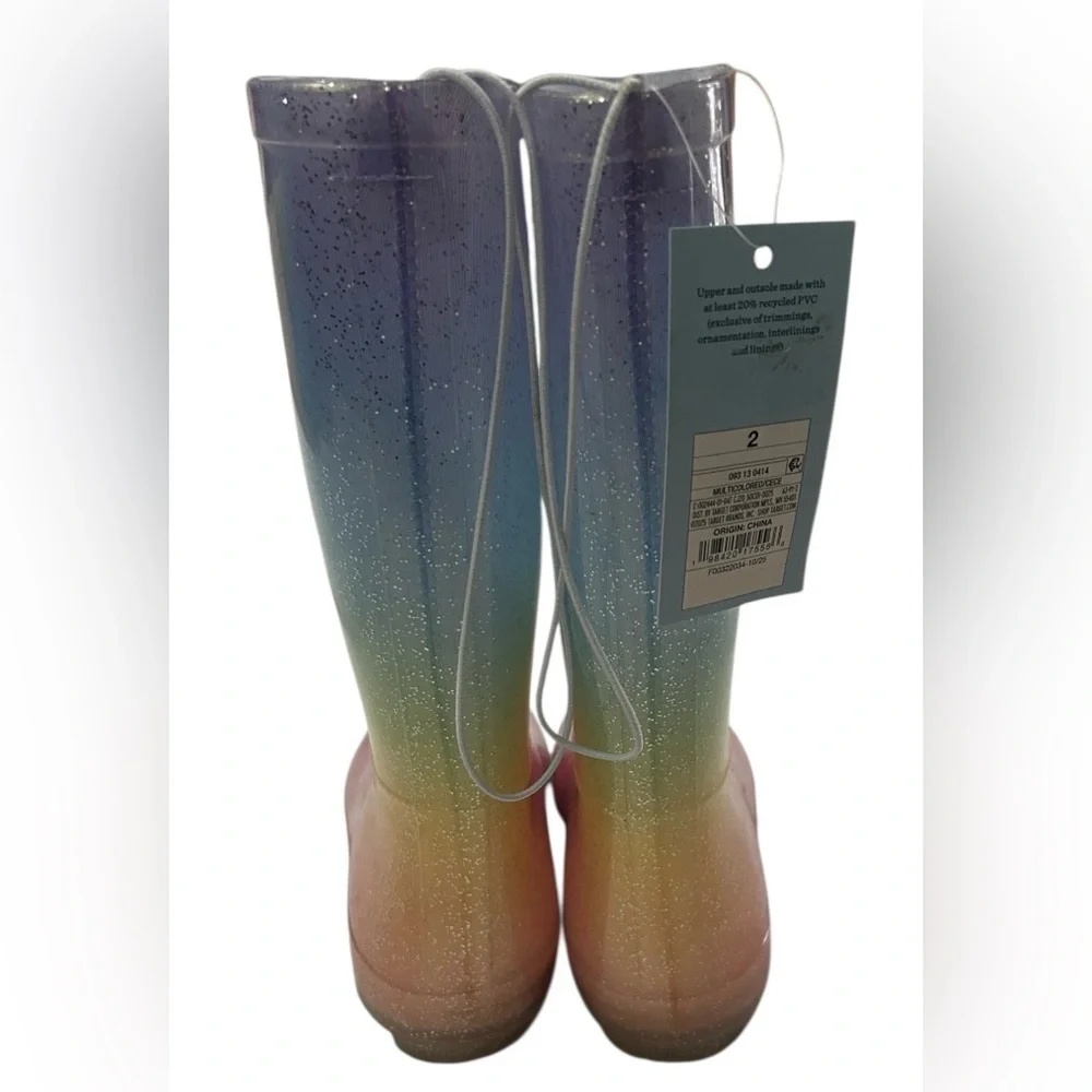 Cat & Jack Cece RainBoots Kids Pastel Rainbow Glitter Pull-On Boots Size 2 NEW